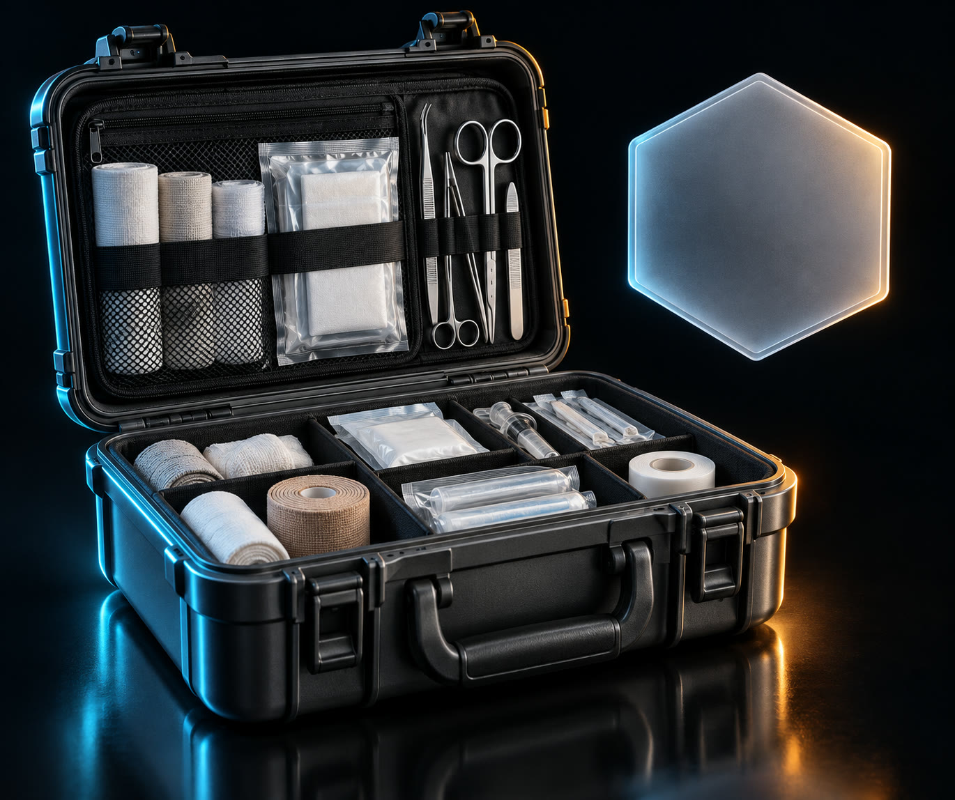 Professional emergency medical kit case, open, with supplies and a certification badge