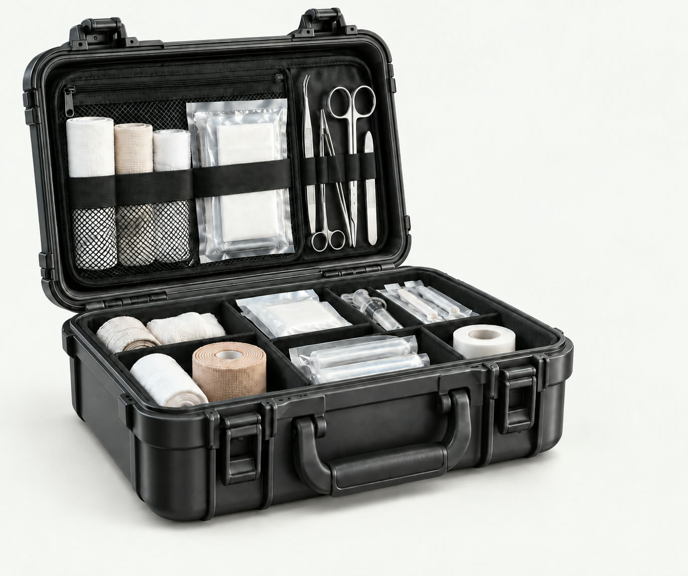 Professional emergency medical kit case, open, with organised contents